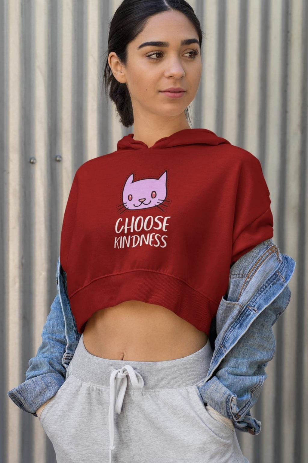 Women’s Cropped Hoodie – Super Combed Maroon ‘Choose Kindness’ Crop Hoodie