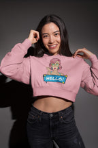 Women’s Black Cropped Hoodie with Stylish Girl & ‘Hello’ Print – Trendy Cotton Hoodie
