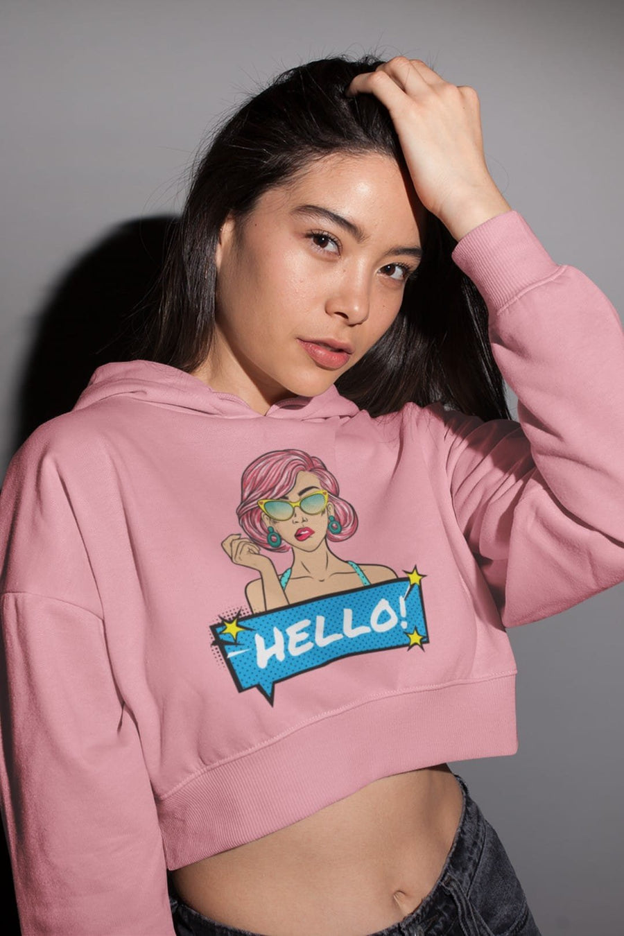 Women’s Black Cropped Hoodie with Stylish Girl & ‘Hello’ Print – Trendy Cotton Hoodie