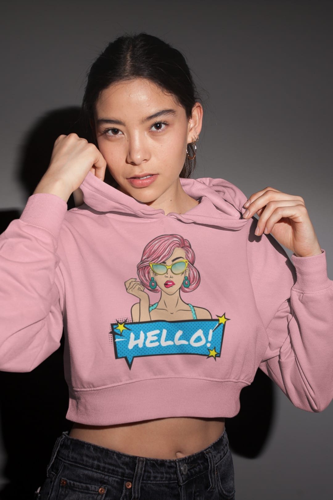 Women’s Black Cropped Hoodie with Stylish Girl & ‘Hello’ Print – Trendy Cotton Hoodie