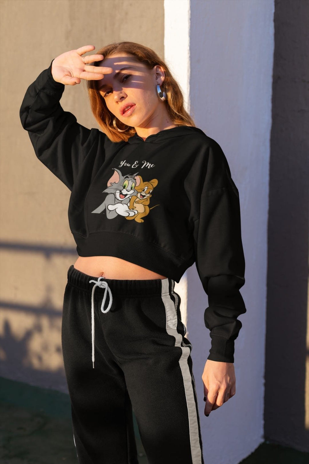 Women’s Black Cropped Hoodie with Tom & Jerry “You & Me” Print – Trendy Cotton Hoodie