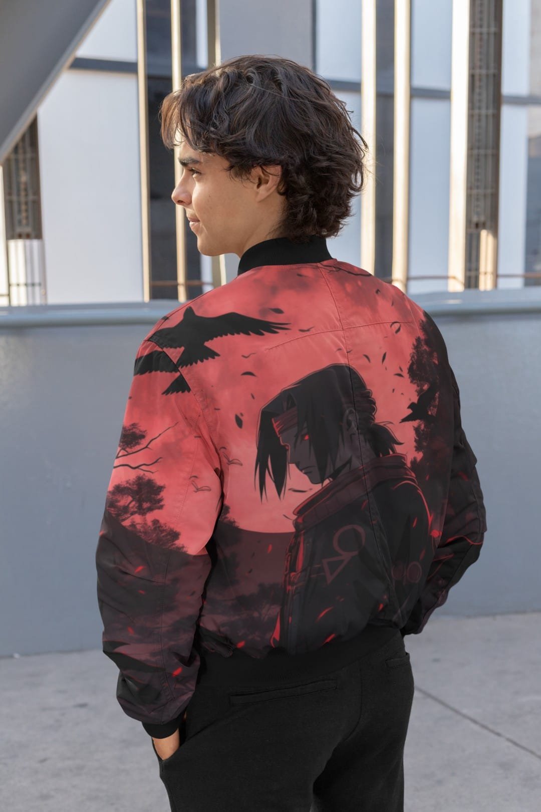 Men’s Black AOP Bomber Jacket with Itachi Uchiha Print