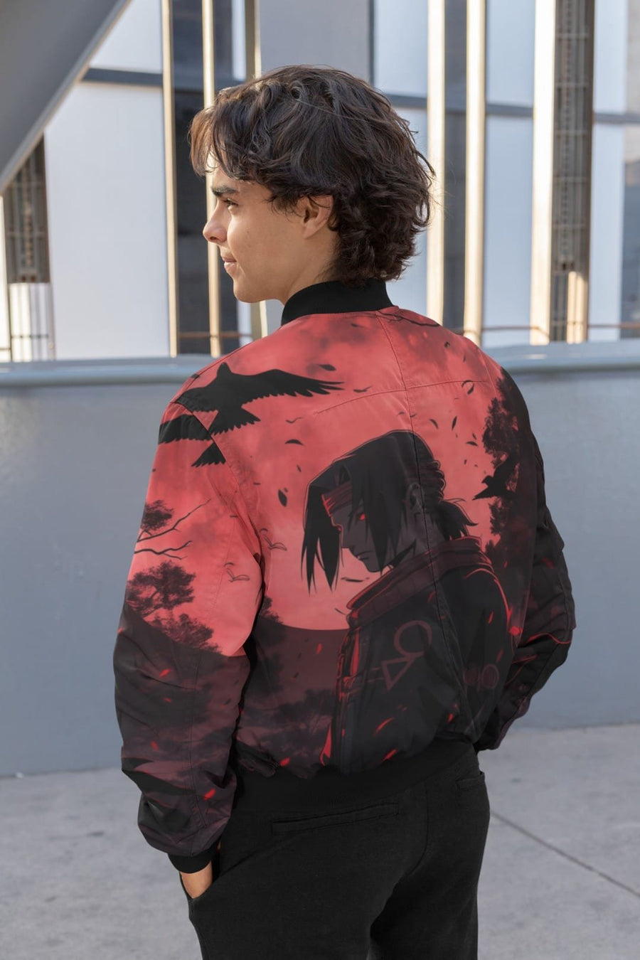 Men’s Black AOP Bomber Jacket with Itachi Uchiha Print