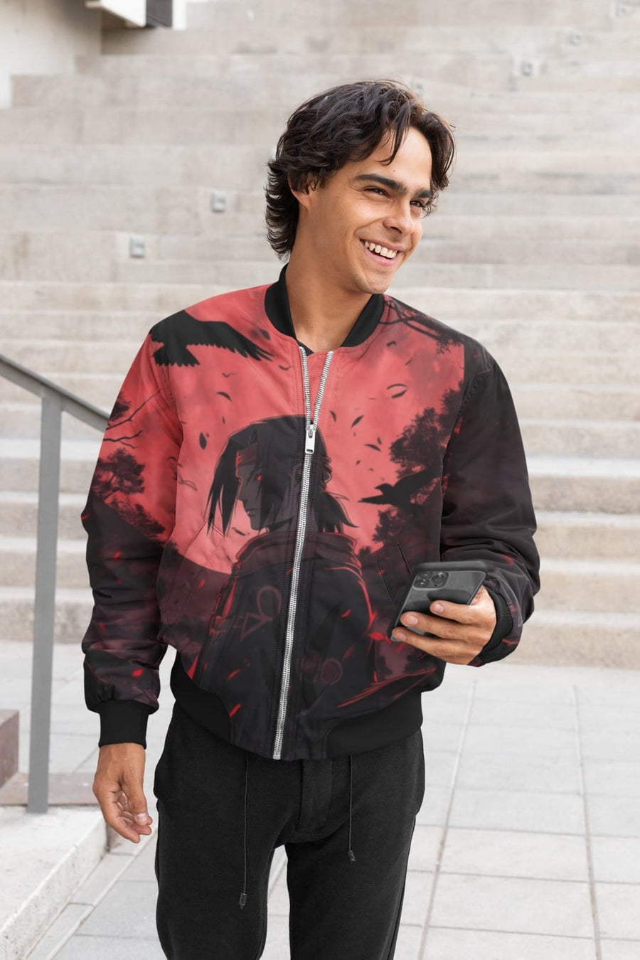 Men’s Black AOP Bomber Jacket with Itachi Uchiha Print
