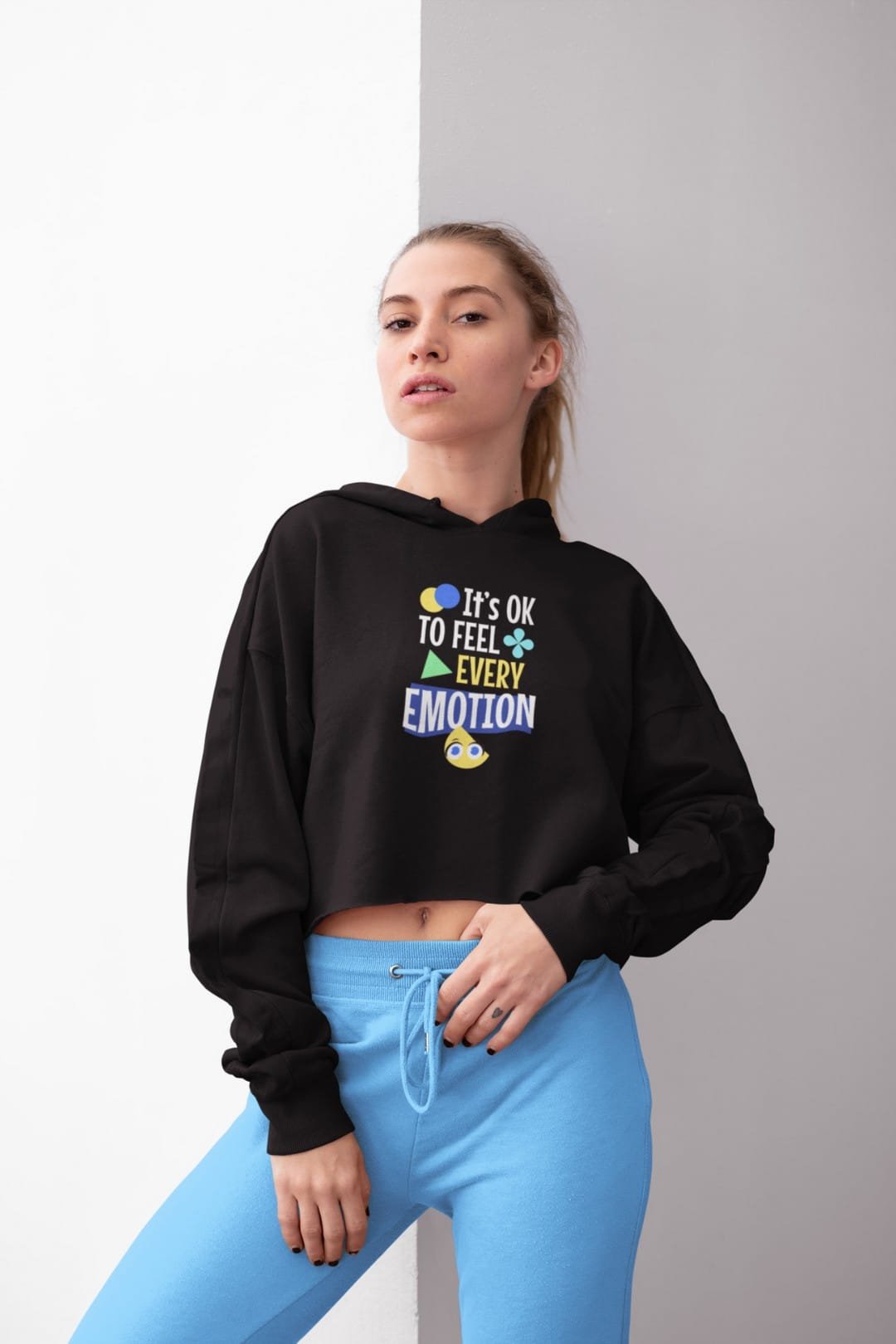 Women’s Black Cropped Hoodie with “It’s OK To Feel Every Emotion” Text Print – Trendy Cotton Hoodie