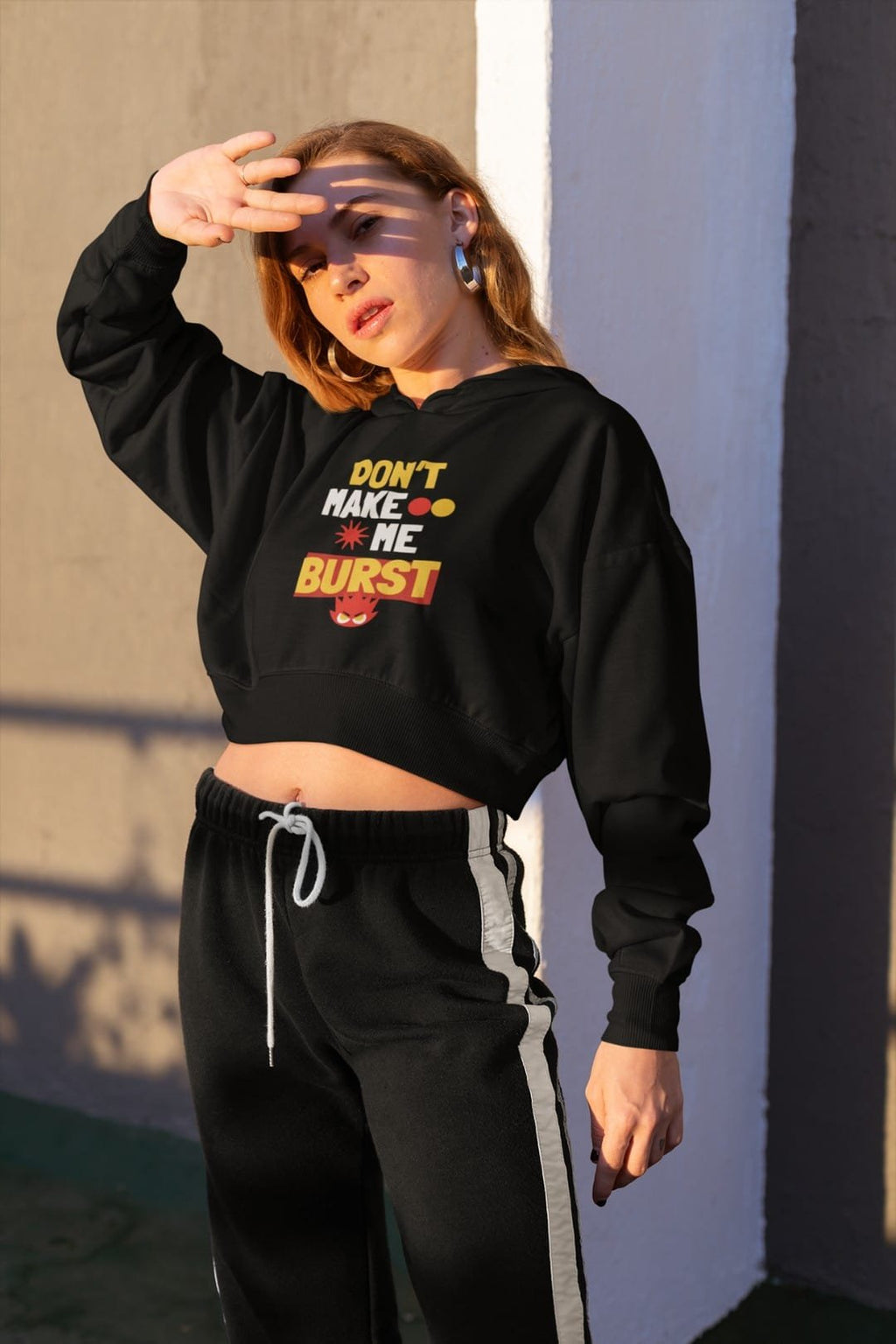 Women’s Black Cropped Hoodie with “Don’t Make Me Burst” Text Print – Trendy Cotton Hoodie