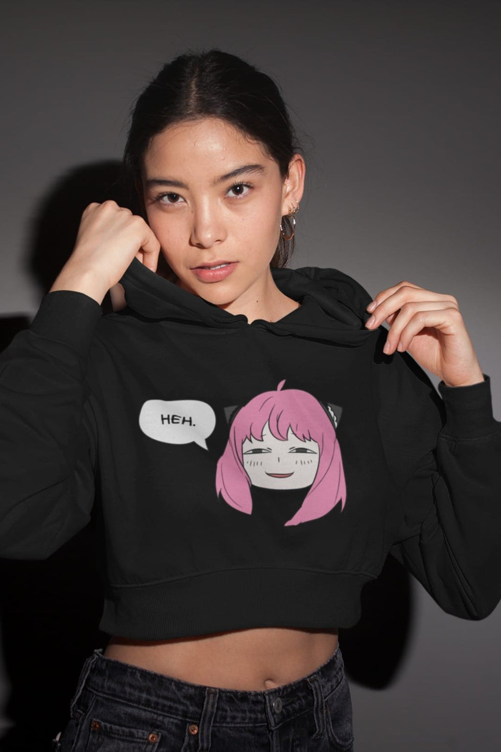 Women’s Black Cropped Hoodie with Anya Spy X Family Anime Meme Print – Trendy Cotton Hoodie