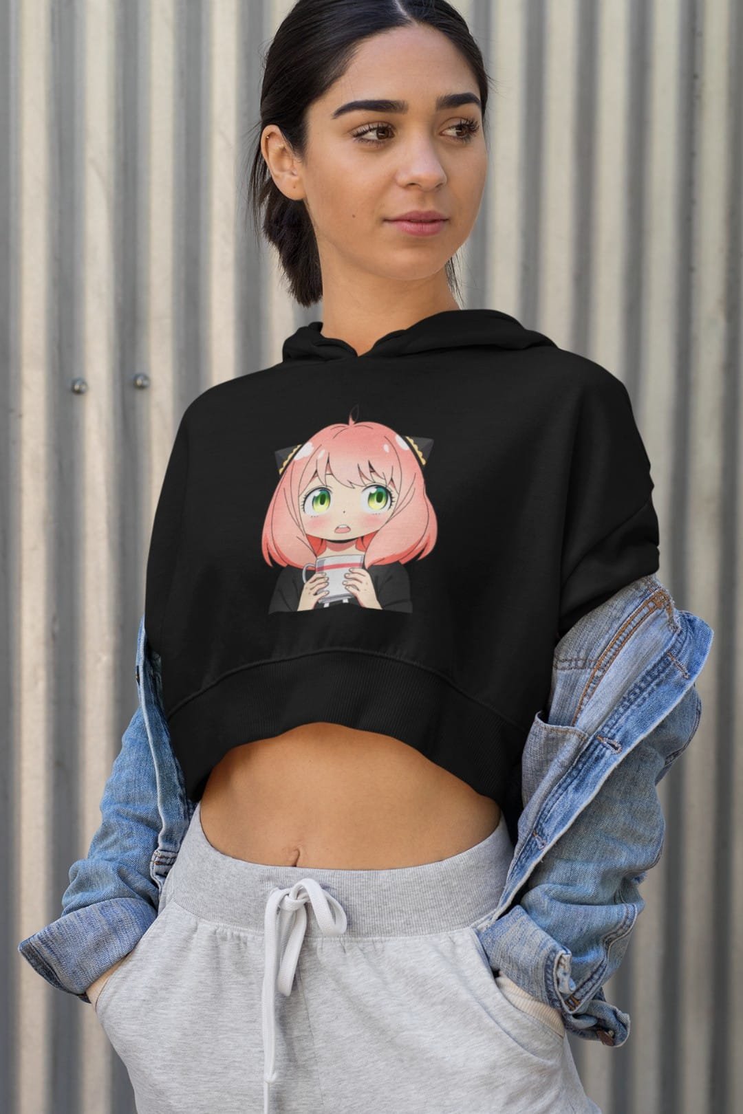 Women’s Black Cropped Hoodie with Anya Spy X Family Anime Print – Trendy Cotton Hoodie