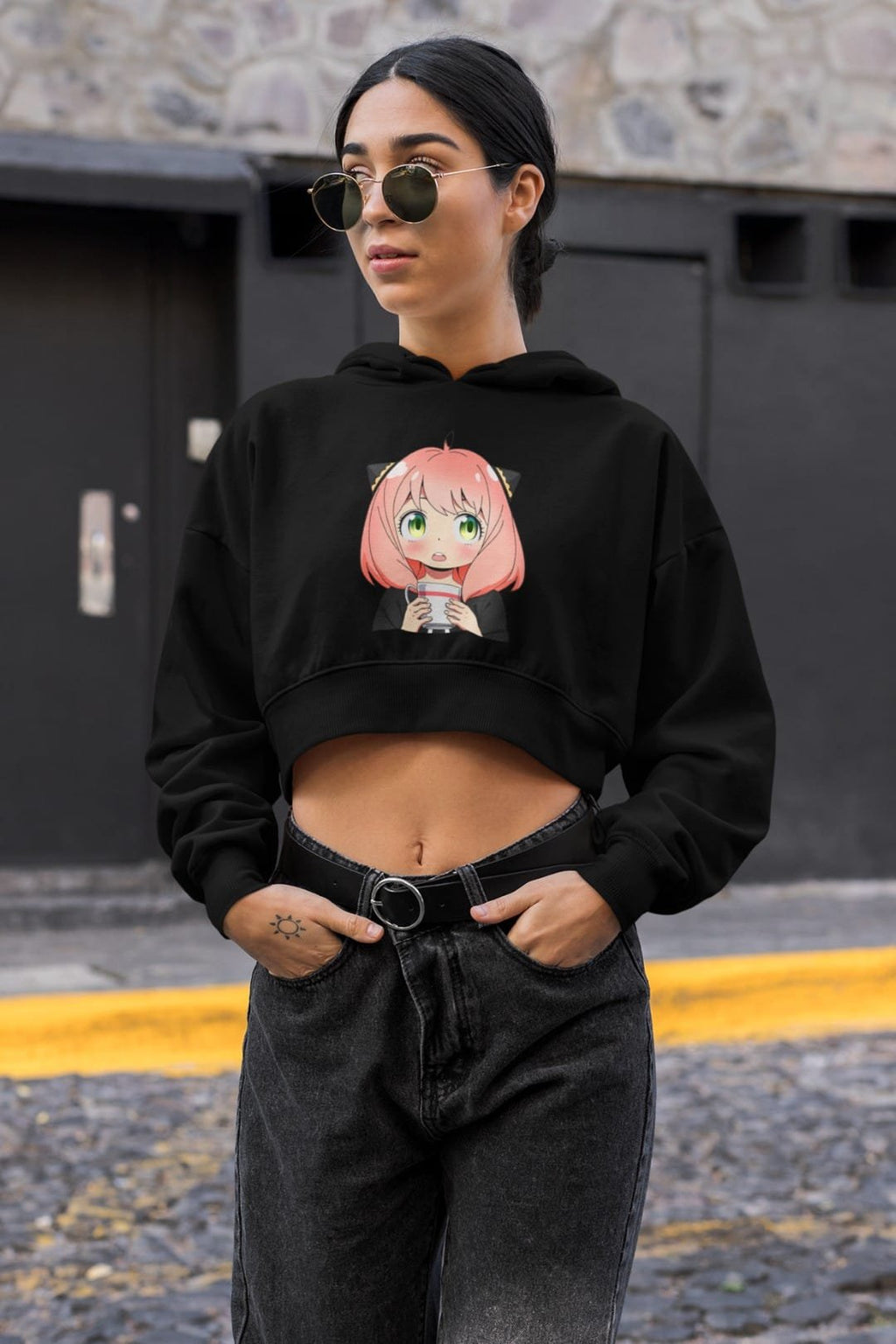 Women’s Black Cropped Hoodie with Anya Spy X Family Anime Print – Trendy Cotton Hoodie