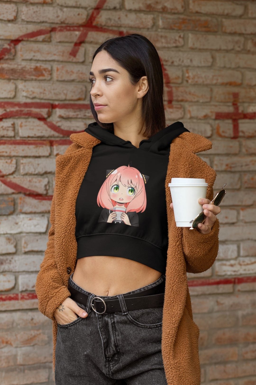 Women’s Black Cropped Hoodie with Anya Spy X Family Anime Print – Trendy Cotton Hoodie