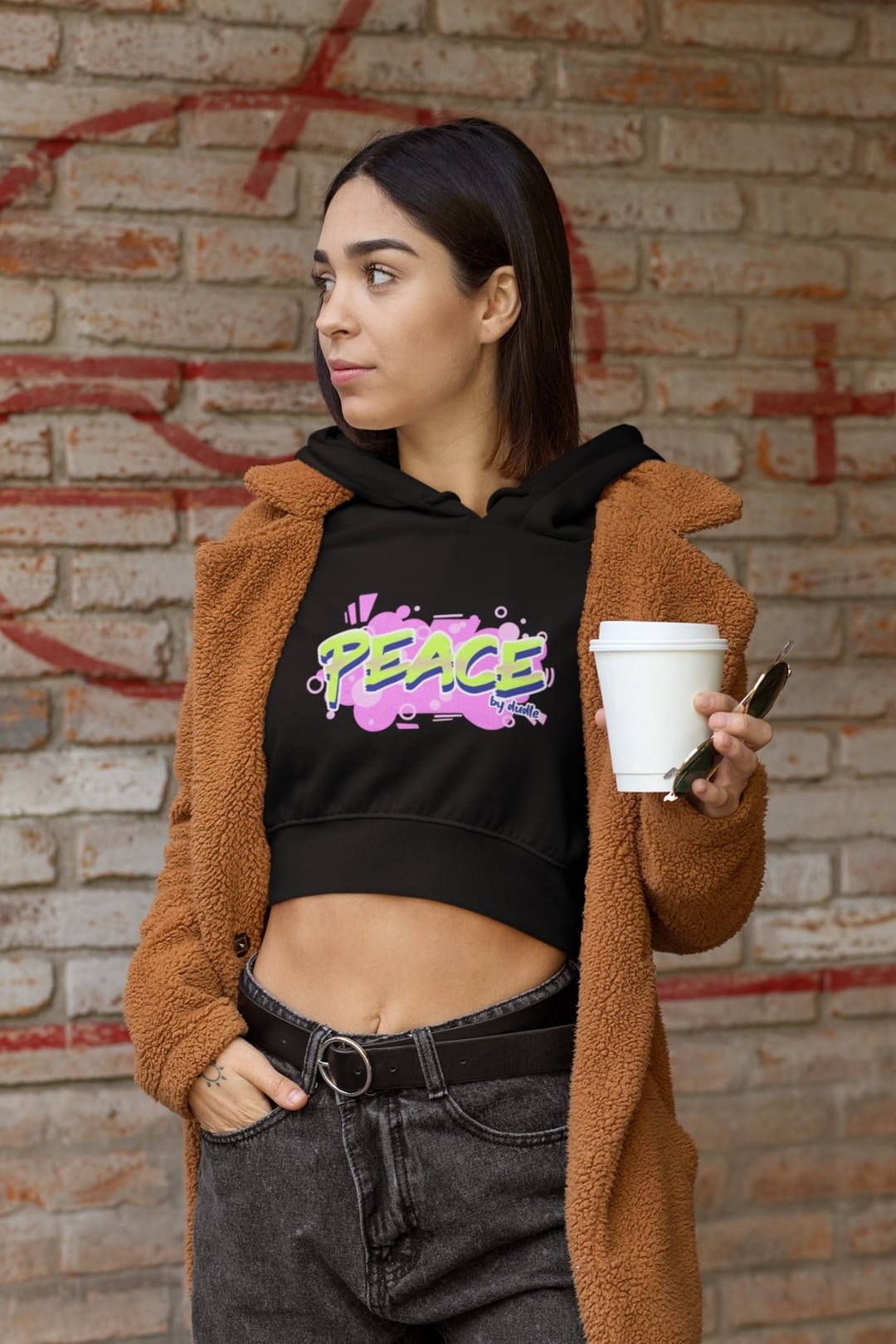 Women’s Black Cropped Hoodie  – Peace Trendy Cotton Hoodie