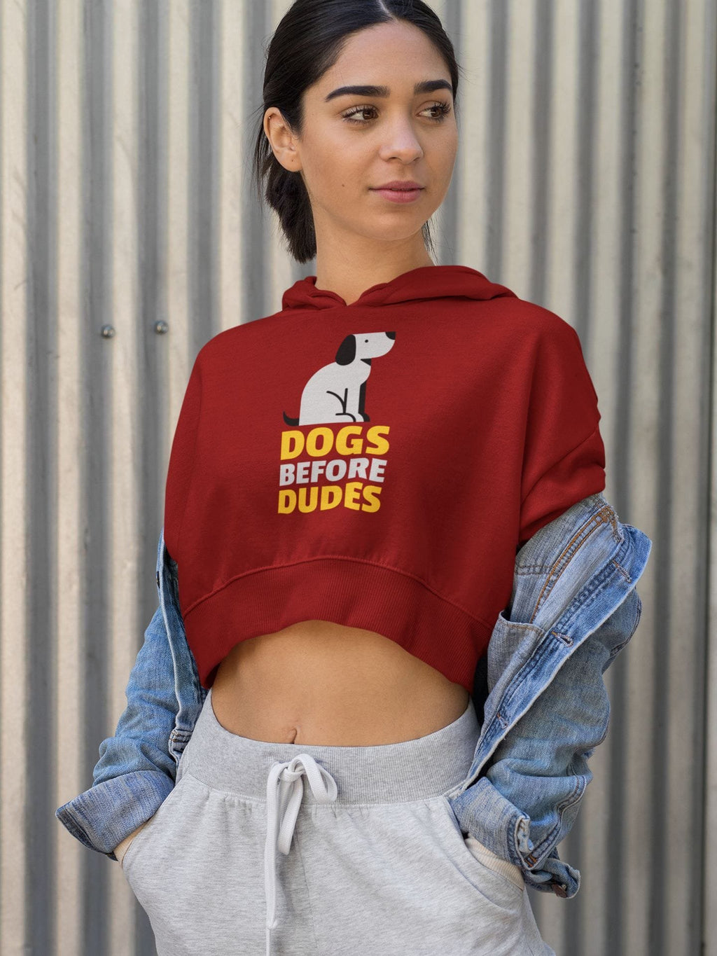 Women’s Maroon Cropped Hoodie with Dog Print “Dogs Before Dudes” – Trendy Cotton Hoodie