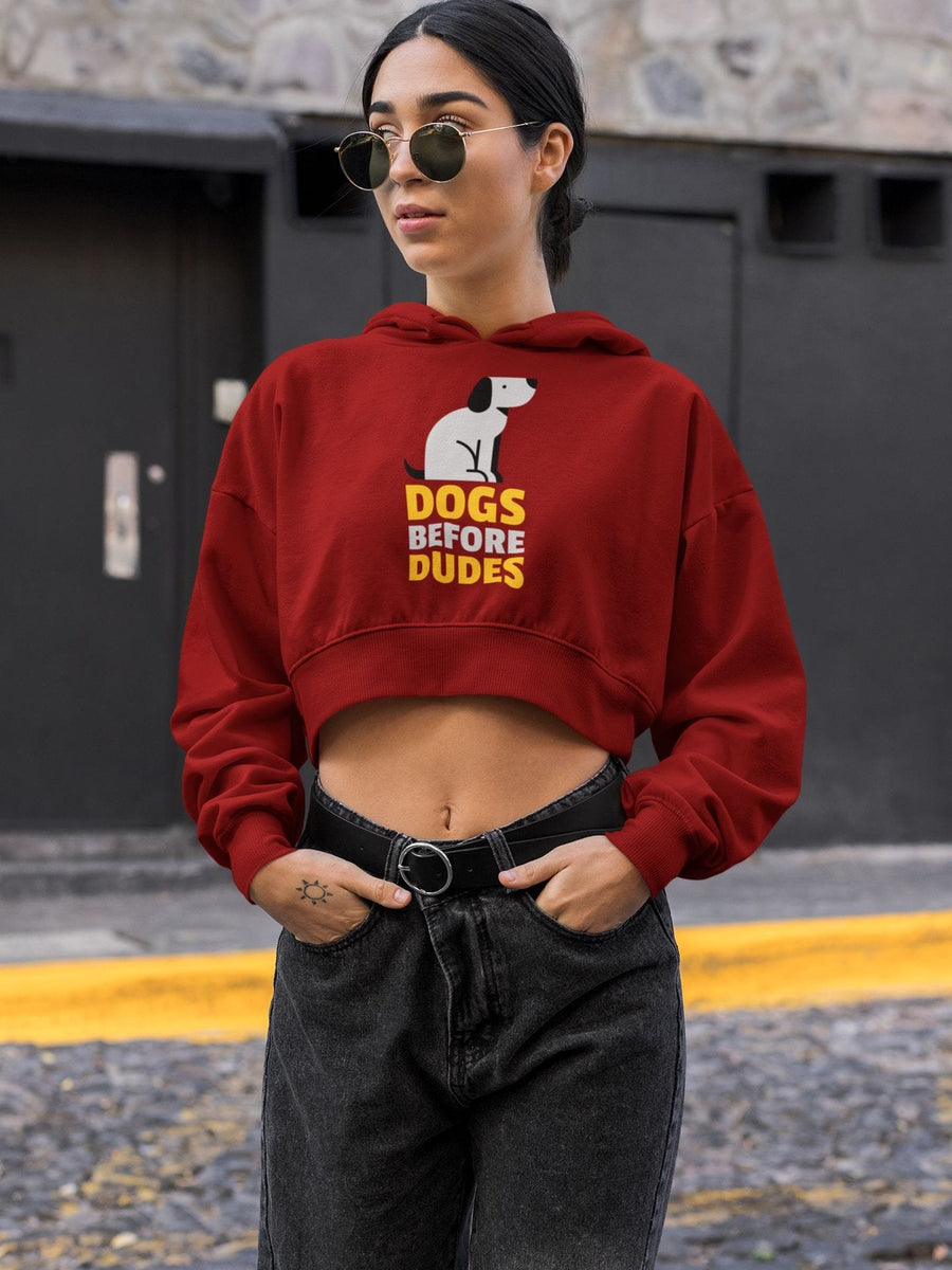 Women’s Maroon Cropped Hoodie with Dog Print “Dogs Before Dudes” – Trendy Cotton Hoodie