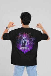 Black Solo Leveling Oversized T-Shirt featuring Sung Jinwoo design, unisex fit, 240 GSM cotton.